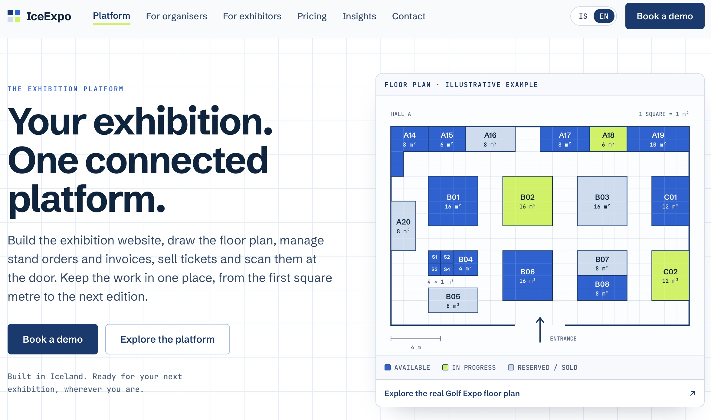 IceExpo exhibition platform homepage showing floor planning, booth availability and event management features