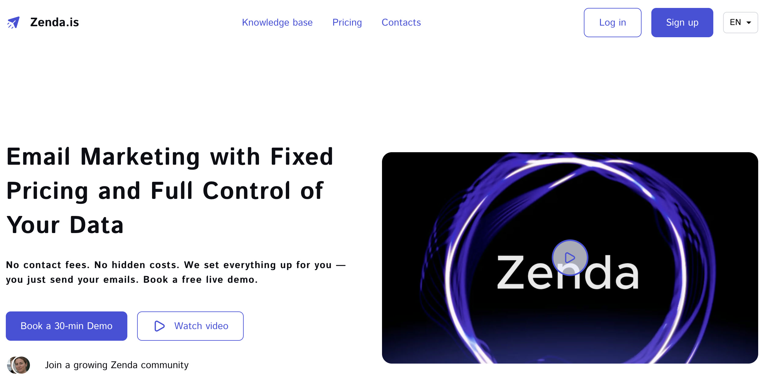 Zenda email marketing website showing its navigation, product statement and video presentation
